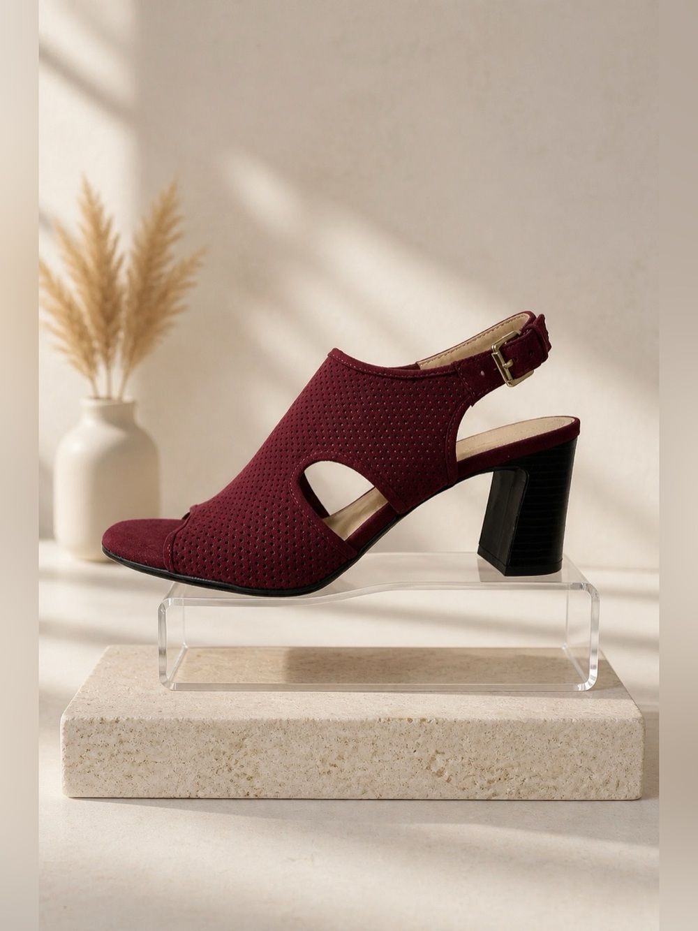 Liz Claiborne Women’s Burgundy Open-Toe Block Heel Sandal with Memory Foam